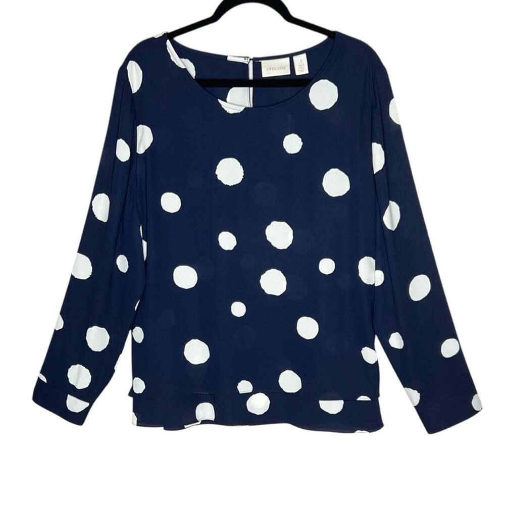 Chico's Pop Over Layered Blouse XL 16 Navy Cream Polka Dot Coastal Grandma